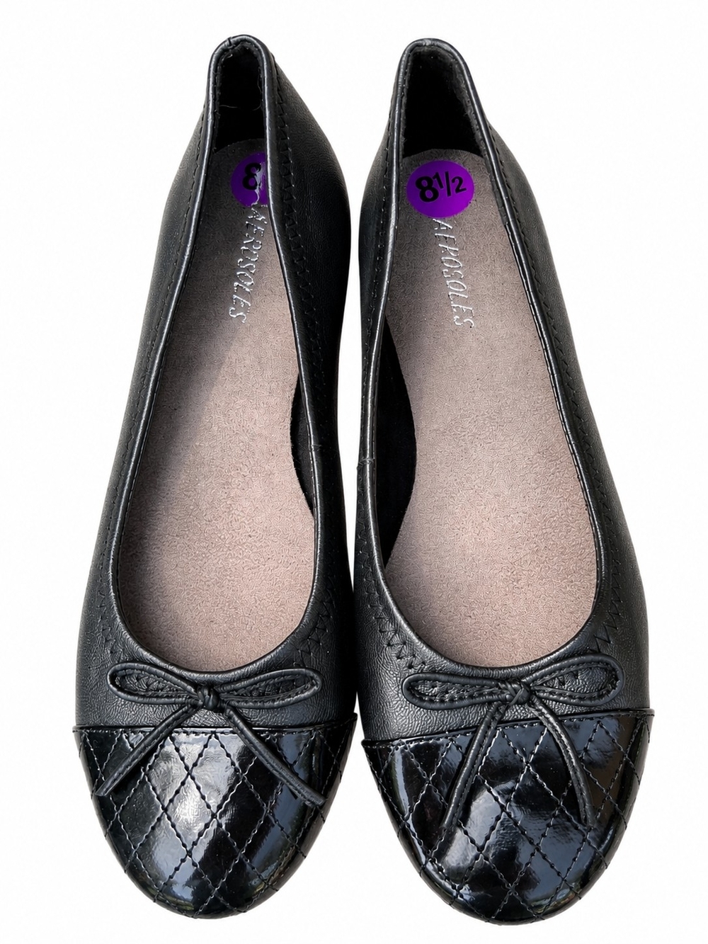 Aerosoles Black Ballet Flats Quilted Cap Toe Bow Detail Size 8.5 NWOB